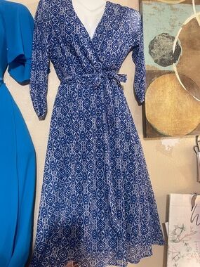 Allison Brittney Blue Geometric Wrap Midi Dress